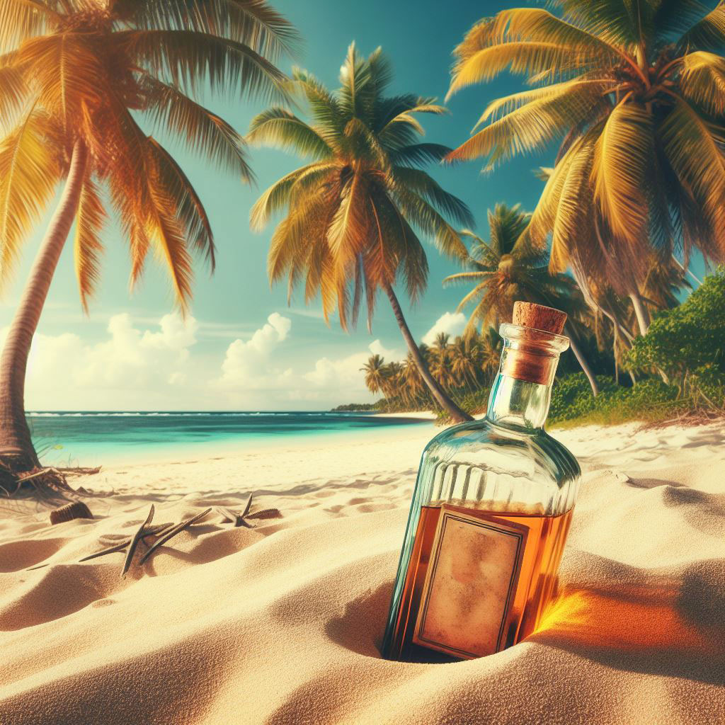 Bouteille de rhum sur une plage des Antilles